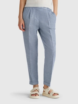Benetton, Check Trousers In Pure Linen, size XS, Air Force Blue, Women United Colors of Benetton