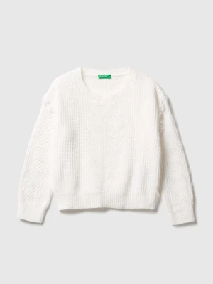 Benetton, Chenille Sweater With Fringe, Size: XL, Creamy White, Kids United Colors of Benetton