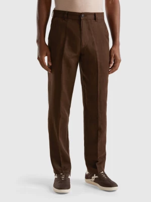 Benetton, Chinos In Pure Linen, size 54, Dark Brown, Men United Colors of Benetton