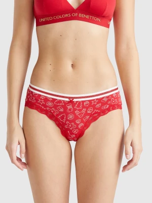 Benetton, Christmas Culotte-style Underwear With Lace, size XS, Red, Women United Colors of Benetton