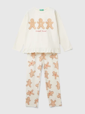 Benetton, Christmas Pyjamas In Warm Stretch Cotton, Size: XXS, Creamy White, Kids United Colors of Benetton