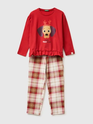 Benetton, Christmas Pyjamas With Tartan Bottoms, Size: XL, Red, Kids United Colors of Benetton