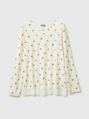 Benetton, Christmas Sweater With Holly Print And Lace, Size: XXS, Creamy White, Women United Colors of Benetton