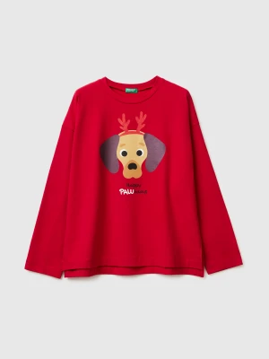 Benetton, Christmas T-shirt With Puppy Print, Size: XXS, Red, Women United Colors of Benetton