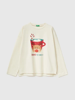 Benetton, Christmas T-shirt With Reindeer Print, Size: XXS, Creamy White, Women United Colors of Benetton