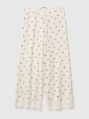 Benetton, Christmas Trousers With Holly Print And Lace, Size: XXS, Creamy White, Women United Colors of Benetton