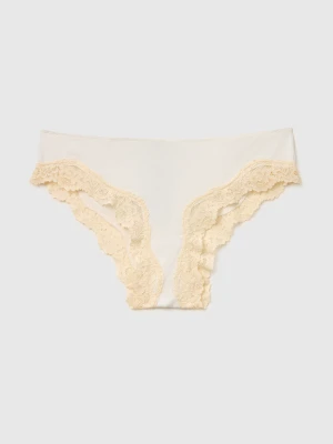 Benetton, Classic Silk Blend Briefs With Lace, Size: XS, Creamy White, Women United Colors of Benetton