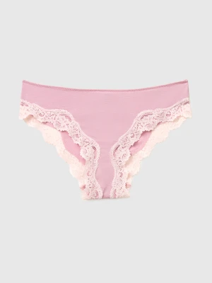 Benetton, Classic Silk Blend Briefs With Lace, Size: XS, Pink, Women United Colors of Benetton