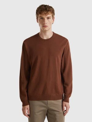 Benetton, Coffee Crew Neck Sweater In Pure Merino Wool, size L, Brown, Men United Colors of Benetton