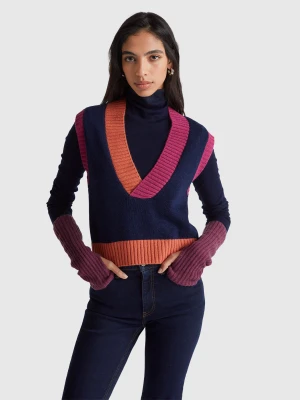 Benetton, Color Block Knit Vest, Size: M, Dark Blue, Women United Colors of Benetton