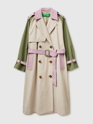 Benetton, Color Block Trench Coat With Belt, Size: XS, Beige, Women United Colors of Benetton