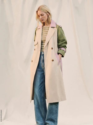 Benetton, Color Block Trench Coat With Belt, Size: XS, Beige, Women United Colors of Benetton