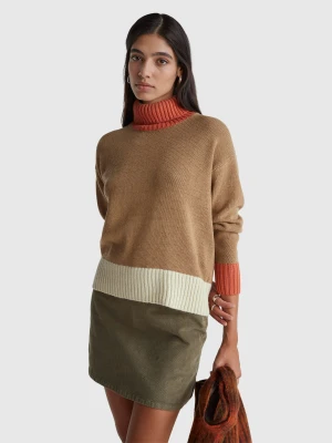 Benetton, Color Block Turtleneck, Size: XXS, Camel, Women United Colors of Benetton