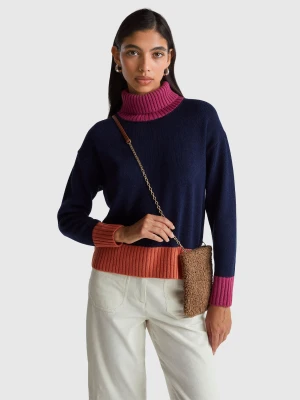 Benetton, Color Block Turtleneck, Size: XXS, Dark Blue, Women United Colors of Benetton