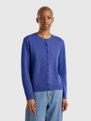 Benetton, Cornflower Blue Crew Neck Cardigan In Pure Merino Wool, size XS, Bright Blue, Women United Colors of Benetton