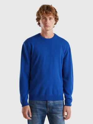 Benetton, Cornflower Blue Crew Neck Sweater In Pure Merino Wool, Size: XS, Bright Blue, Men United Colors of Benetton