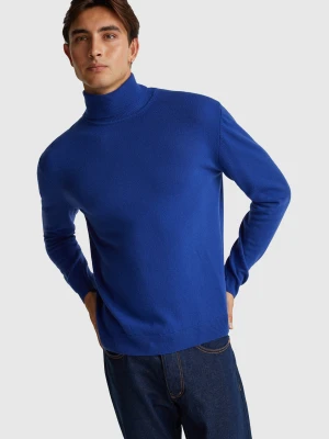 Benetton, Cornflower Blue Turtleneck In Pure Merino Wool, Size: XS, Bright Blue, Men United Colors of Benetton