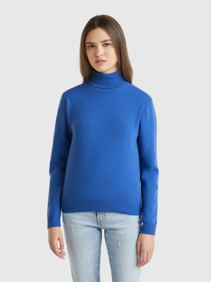 Benetton, Cornflower Blue Turtleneck Sweater In Pure Merino Wool, size XS, Bright Blue, Women United Colors of Benetton