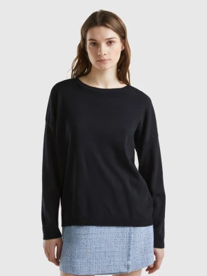 Benetton, Cotton Sweater With Round Neck, size L, Black, Women United Colors of Benetton