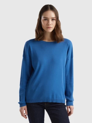 Benetton, Cotton Sweater With Round Neck, size L, Blue, Women United Colors of Benetton