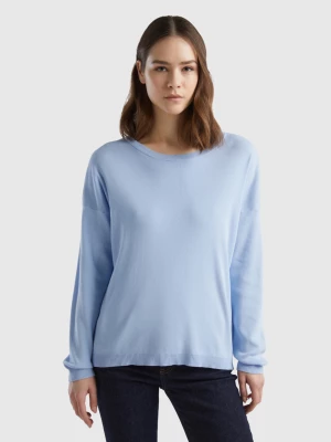 Benetton, Cotton Sweater With Round Neck, size L, Sky Blue, Women United Colors of Benetton