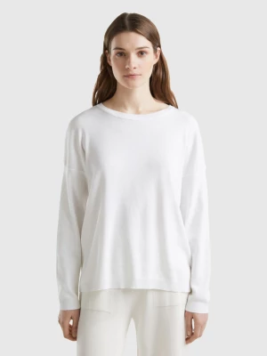 Benetton, Cotton Sweater With Round Neck, size L, White, Women United Colors of Benetton