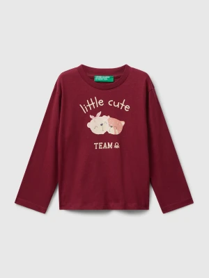 Benetton, Cotton T-shirt With Glittery Print, Size: 116, Burgundy, Kids United Colors of Benetton