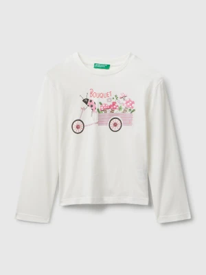 Benetton, Cotton T-shirt With Glittery Print, size 116, Creamy White, Kids United Colors of Benetton
