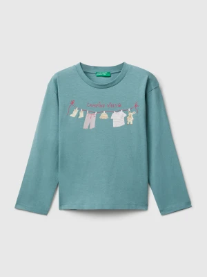 Benetton, Cotton T-shirt With Glittery Print, size 116, Sky Blue, Kids United Colors of Benetton