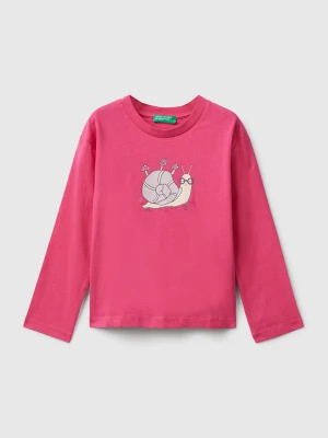 Benetton, Cotton T-shirt With Glittery Print, Size: 90, Fuchsia, Kids United Colors of Benetton