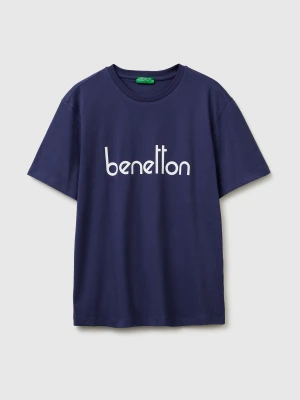 Benetton, Cotton T-shirt With Logo, Size: XS, Dark Blue, Men United Colors of Benetton
