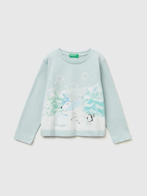 Benetton, Cotton T-shirt With Print, Size: 116, Aqua, Kids United Colors of Benetton