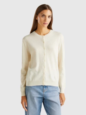 Benetton, Cream Crew Neck Cardigan In Pure Merino Wool, size L, Creamy White, Women United Colors of Benetton