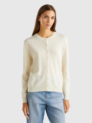 Benetton, Cream Crew Neck Cardigan In Pure Merino Wool, size XS, Creamy White, Women United Colors of Benetton