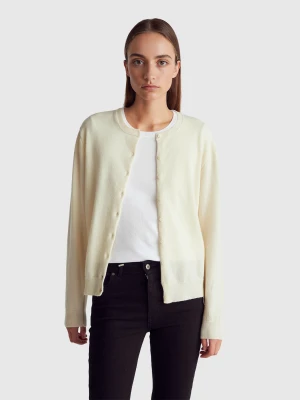 Benetton, Cream Crew Neck Cardigan In Pure Merino Wool, Size: XXS, Creamy White, Women United Colors of Benetton