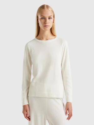 Benetton, Cream Crew Neck Sweater In Cashmere And Wool Blend, size M, Creamy White, Women United Colors of Benetton