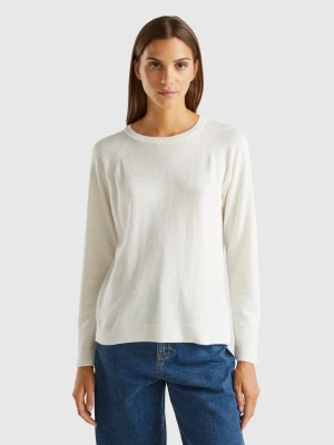 Benetton, Cream Crew Neck Sweater In Cashmere And Wool Blend, size XXS, Creamy White, Women United Colors of Benetton