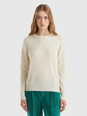 Benetton, Cream Crew Neck Sweater In Merino Wool, size M, Creamy White, Women United Colors of Benetton
