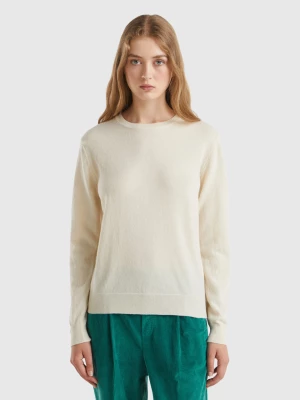 Benetton, Cream Crew Neck Sweater In Merino Wool, size S, Creamy White, Women United Colors of Benetton