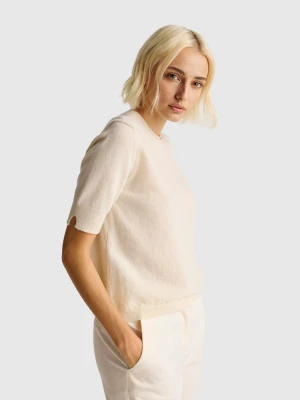 Benetton, Cream Short Sleeve Sweater In Pure Merino Wool, Size: XXS, Creamy White, Women United Colors of Benetton