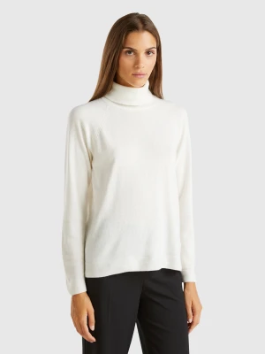 Benetton, Cream Turtleneck Sweater In Cashmere And Wool Blend, size XXS, Creamy White, Women United Colors of Benetton