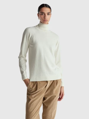 Benetton, Cream Turtleneck Sweater In Cashmere And Wool Blend, Size: XXS, Creamy White, Women United Colors of Benetton
