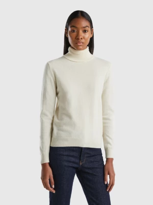 Benetton, Cream Turtleneck Sweater In Pure Merino Wool, size L, Creamy White, Women United Colors of Benetton
