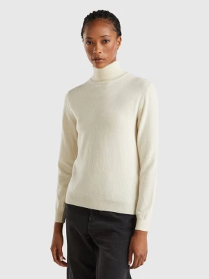 Benetton, Cream Turtleneck Sweater In Pure Merino Wool, size L, Creamy White, Women United Colors of Benetton