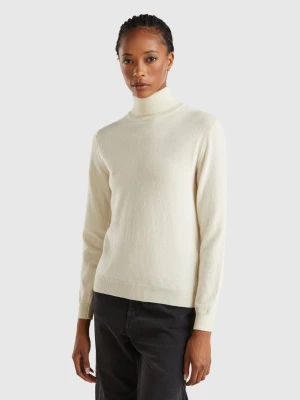 Benetton, Cream Turtleneck Sweater In Pure Merino Wool, size L, Creamy White, Women United Colors of Benetton