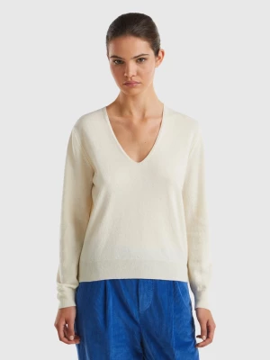 Benetton, Cream V-neck Sweater In Pure Merino Wool, size L, Creamy White, Women United Colors of Benetton