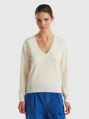 Benetton, Cream V-neck Sweater In Pure Merino Wool, size S, Creamy White, Women United Colors of Benetton