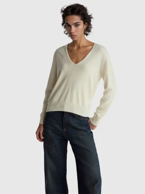 Benetton, Cream V-neck Sweater In Pure Merino Wool, Size: XXS, Creamy White, Women United Colors of Benetton