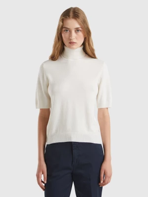 Benetton, Cream White Short Sleeve Turtleneck In Cashmere Blend, size L, Creamy White, Women United Colors of Benetton