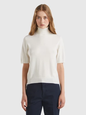 Benetton, Cream White Short Sleeve Turtleneck In Cashmere Blend, size M, Creamy White, Women United Colors of Benetton